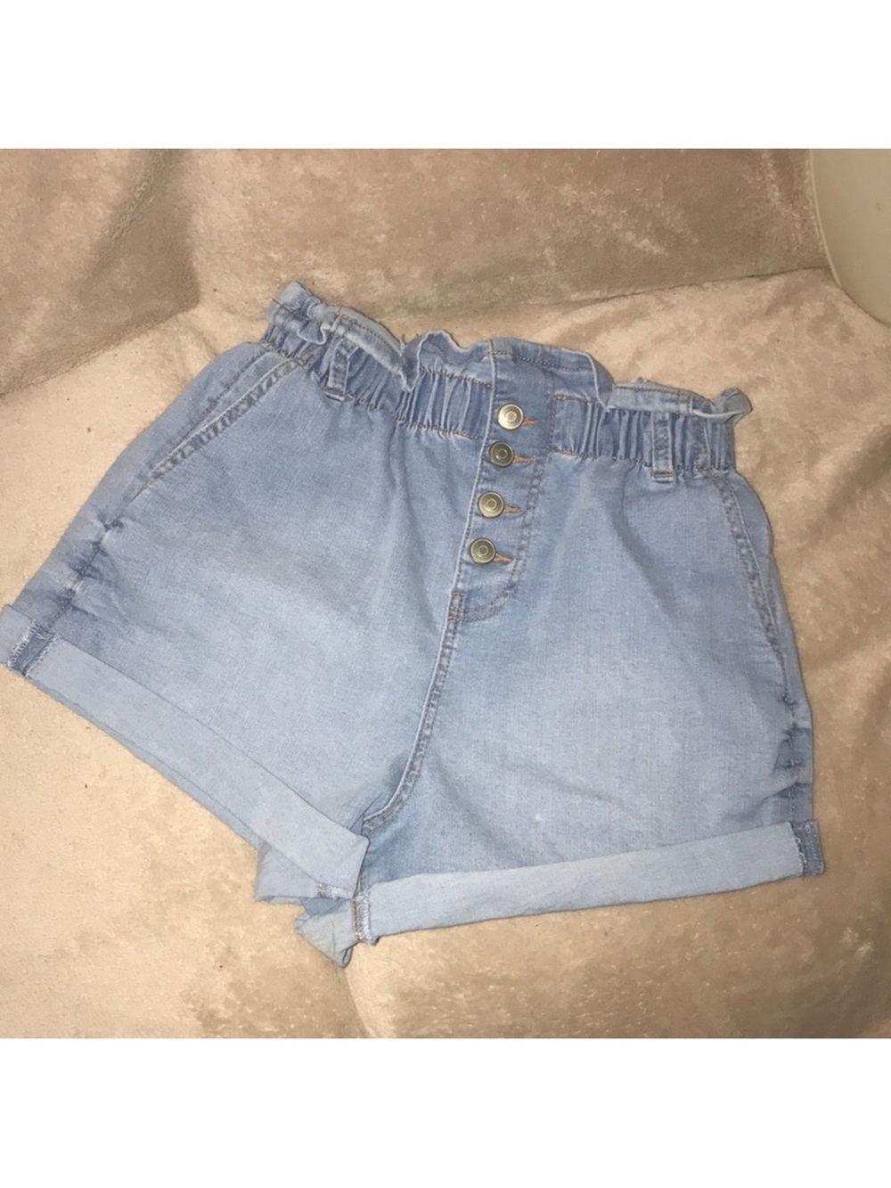 No boundaries small stretchy Light Blue Paperbag Waist Denim Shorts - Women